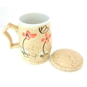 Speckled Pottery Coffee Mug Tea Cup & Lid Orchid Flower Butterfly Asian Handle